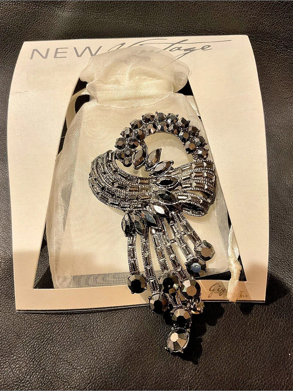 New Age Gigi Rhinestone Dangle Brooch in Black & Silver NWT